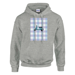 Grey women's Retro Scooter Gingham Hoodie with pastel gingham panel and scooter graphic.