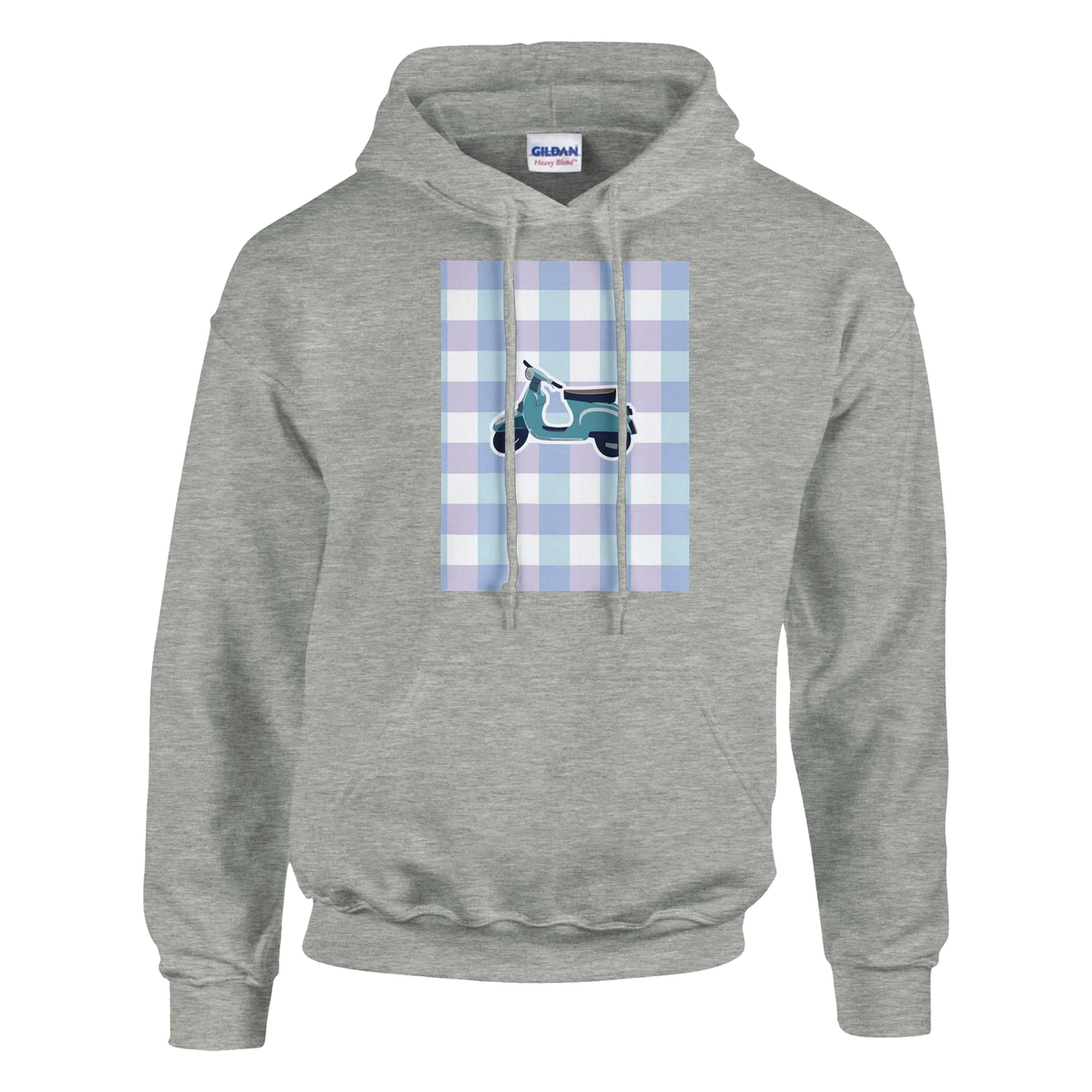 Grey women's Retro Scooter Gingham Hoodie with pastel gingham panel and scooter graphic.