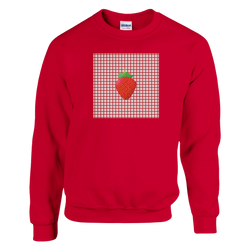 Red crewneck sweatshirt featuring a retro red and white gingham square graphic with a central strawberry illustration.