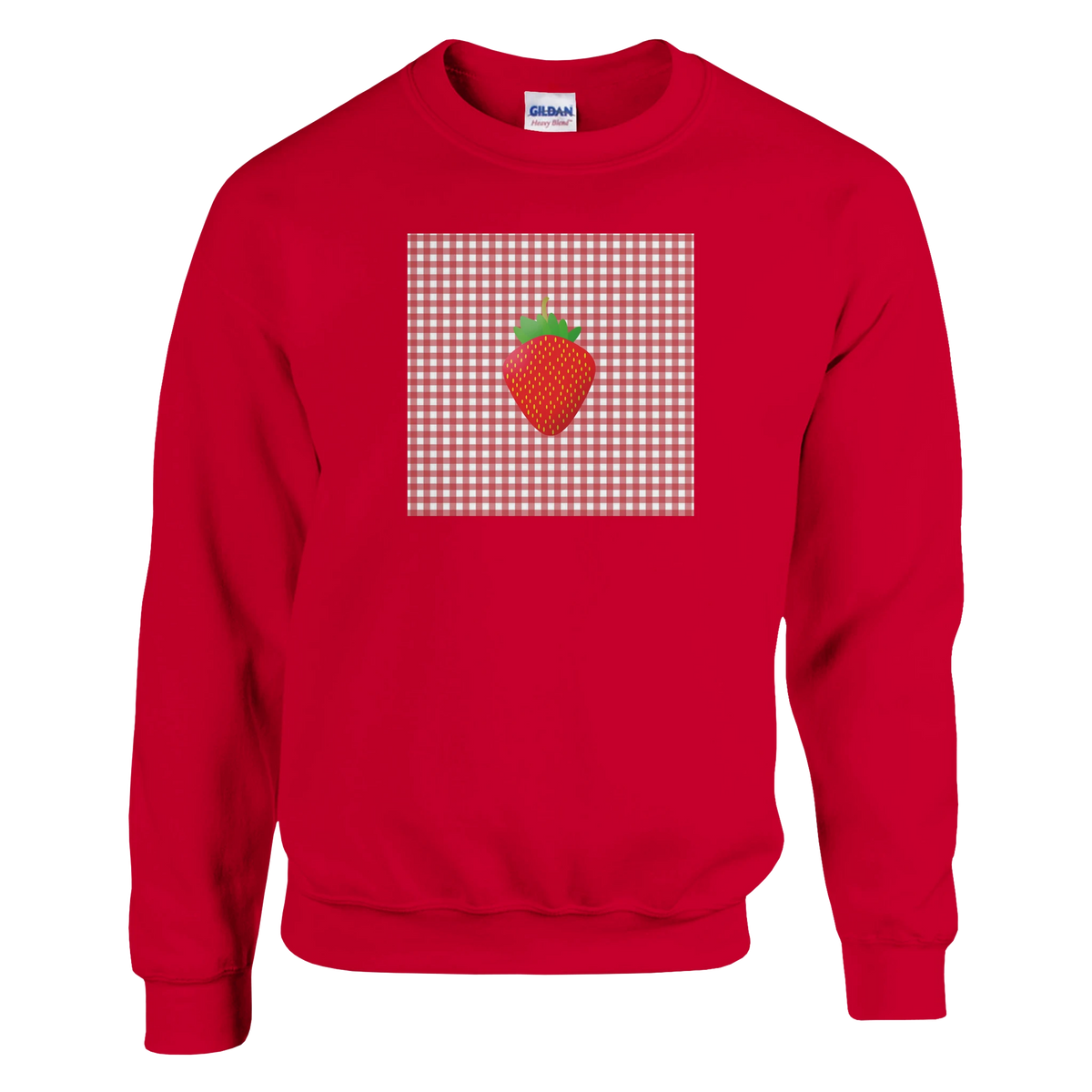 Red crewneck sweatshirt featuring a retro red and white gingham square graphic with a central strawberry illustration.