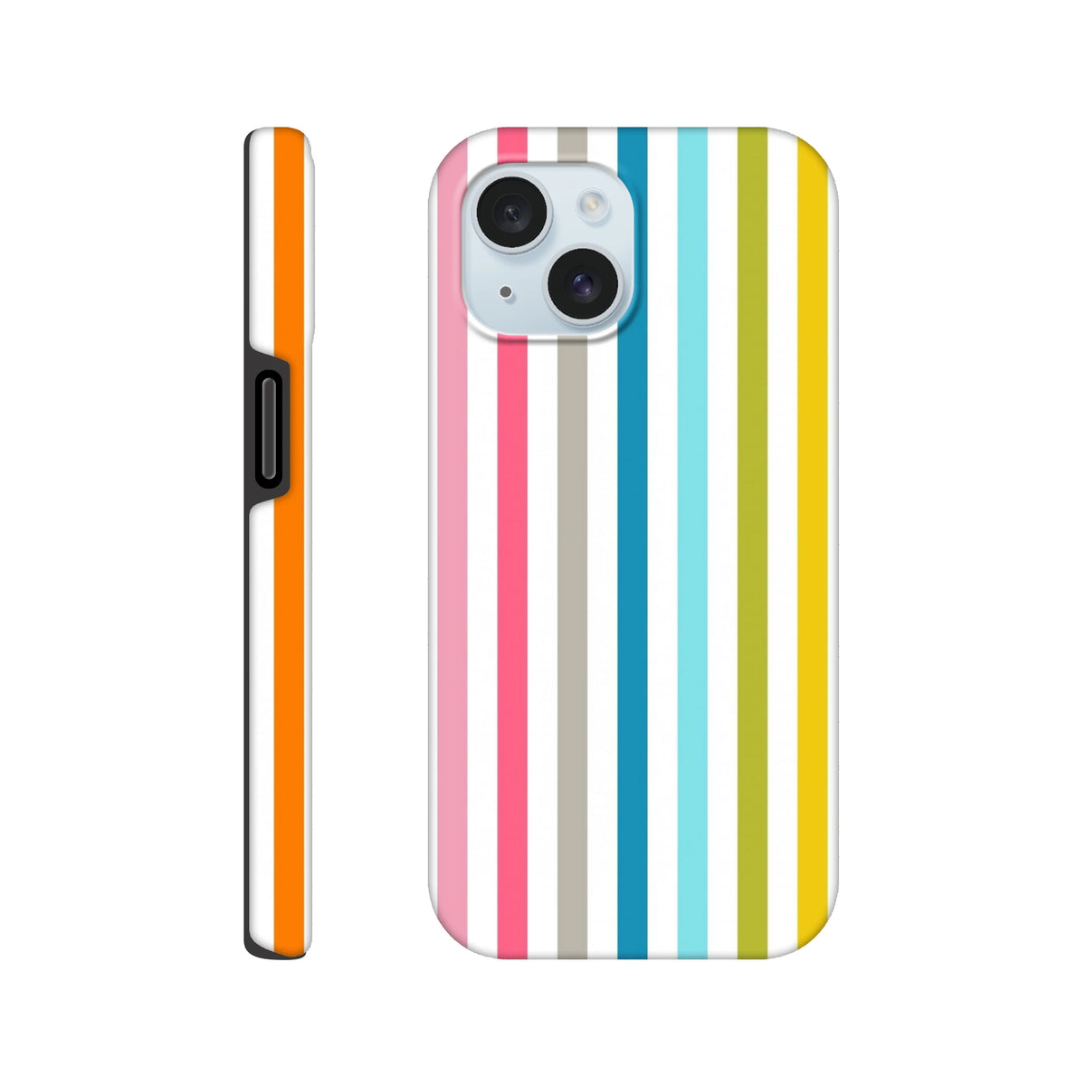 Retro rainbow vertical striped tough iPhone case compatible with iPhone 13-16 models featuring vibrant multicolor print.