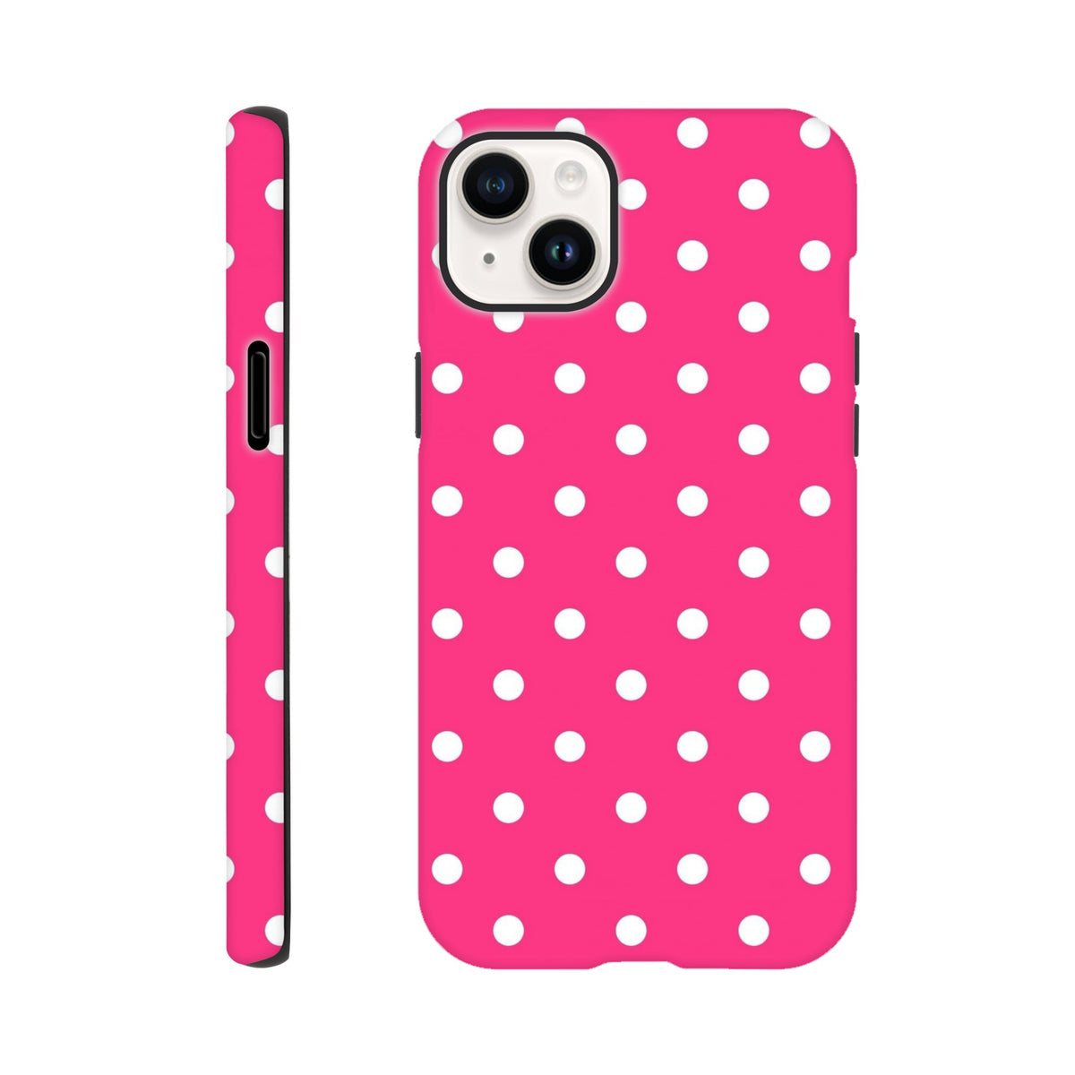 Hot pink and white polka dot tough iPhone case. Rugged dual-layer shock-absorbing phone cover with cute graphics for impact resistance.