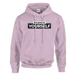 Cute Believe In Yourself hoodie in lavender for women with bold BELIEVE YOURSELF slogan on front.