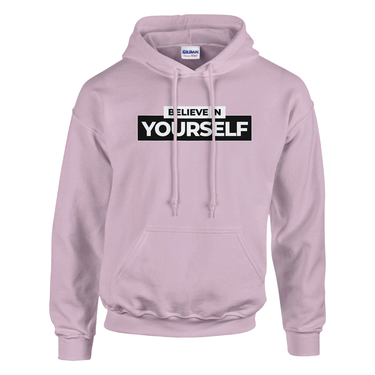Cute Believe In Yourself hoodie in lavender for women with bold BELIEVE YOURSELF slogan on front.