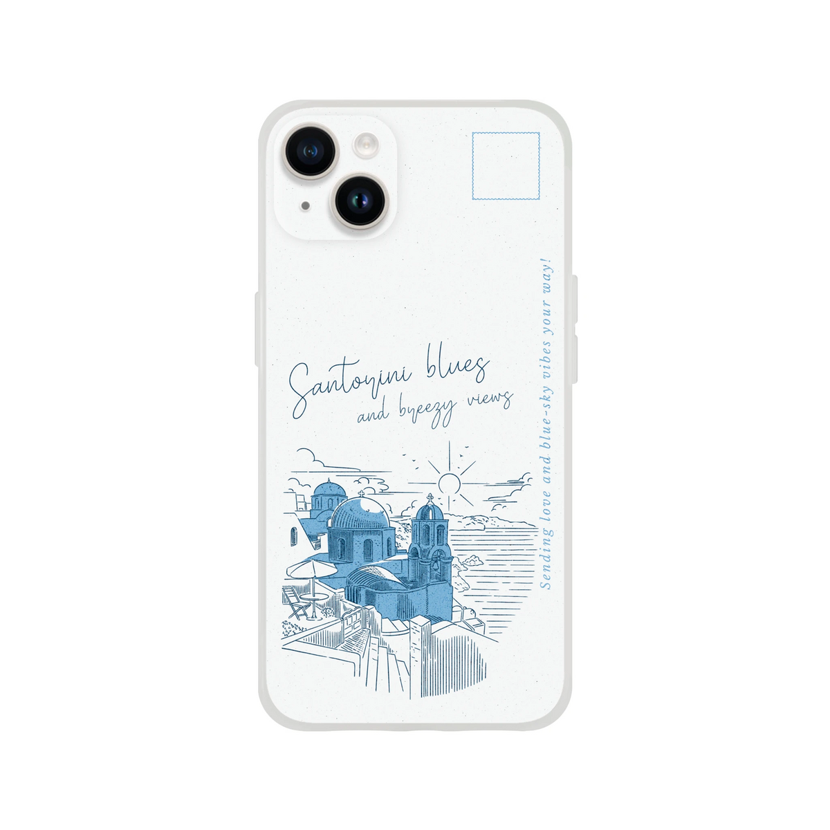 Vintage Postcard iPhone Case Santorini Holiday for iPhone 13–16 with blue-domed cityscape illustration