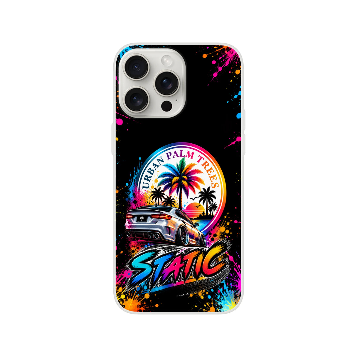 Static Slammed car phone case featuring a slammed sedan, neon Urban Palm Trees graphic, and colorful paint splatter art on black.