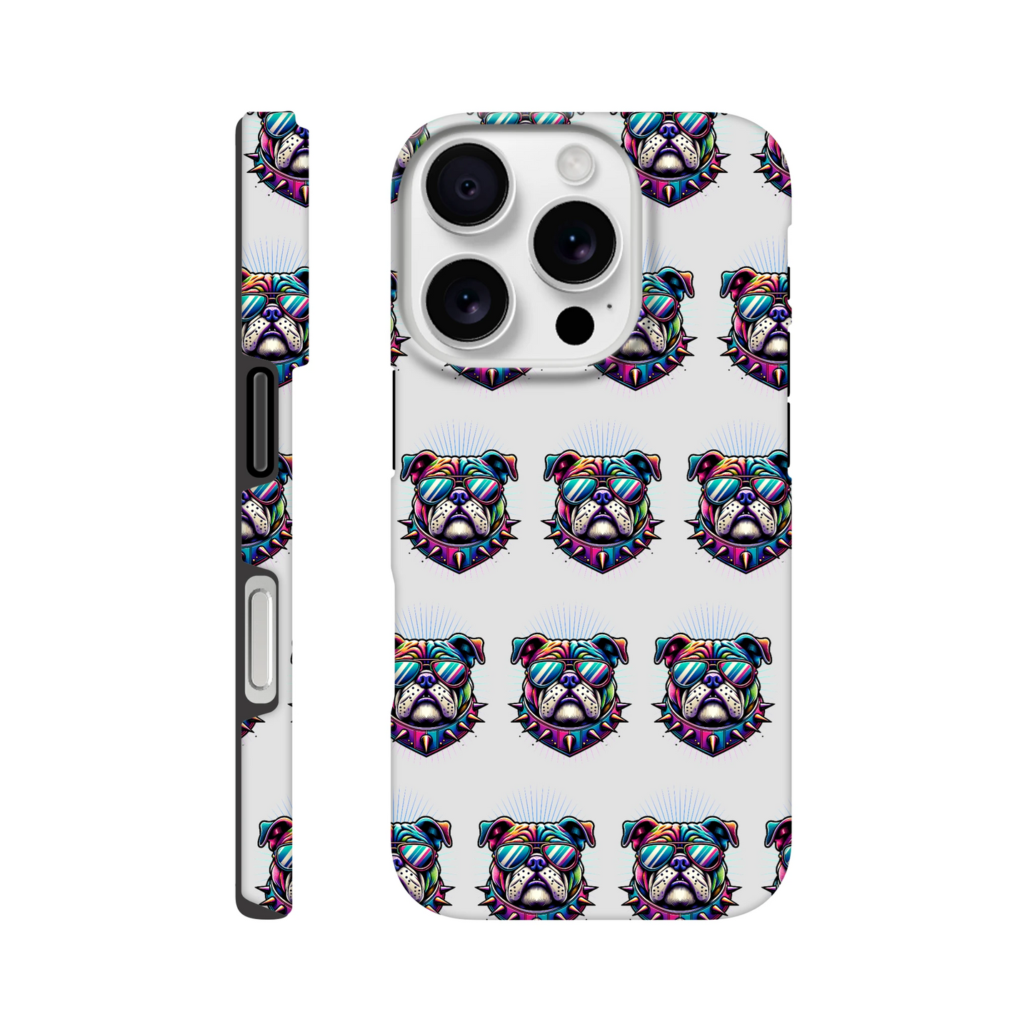 Bull Dog wraparound phone case with bulldog sunglasses design for iPhone 16-13; dual-layer protection, glossy finish.