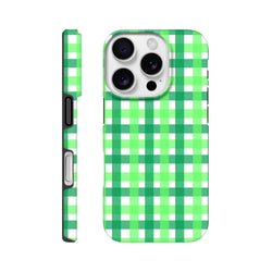 Retro green gingham iPhone case with bold wraparound plaid design and tough shockproof protection for daily commutes.
