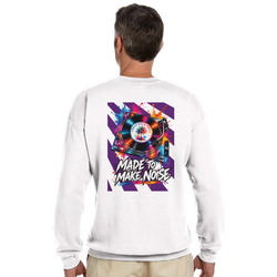 White men's sweatshirt featuring a colorful retro DJ turntable graphic and "Made To Make Noise" text on the back.