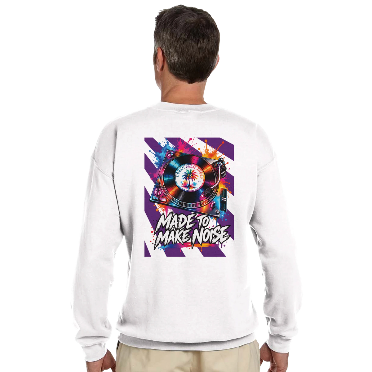 White men's sweatshirt featuring a colorful retro DJ turntable graphic and "Made To Make Noise" text on the back.