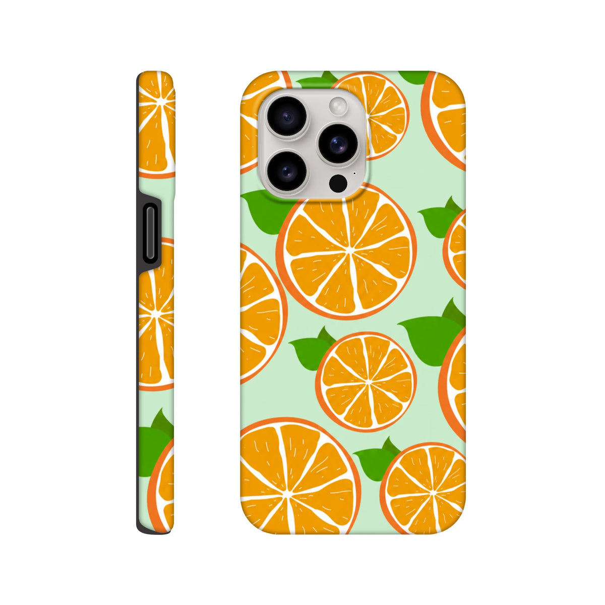 Cute orange fruit pattern tough iPhone case with citrus slices and green leaves on mint background. Drop-proof cover for streetwear.
