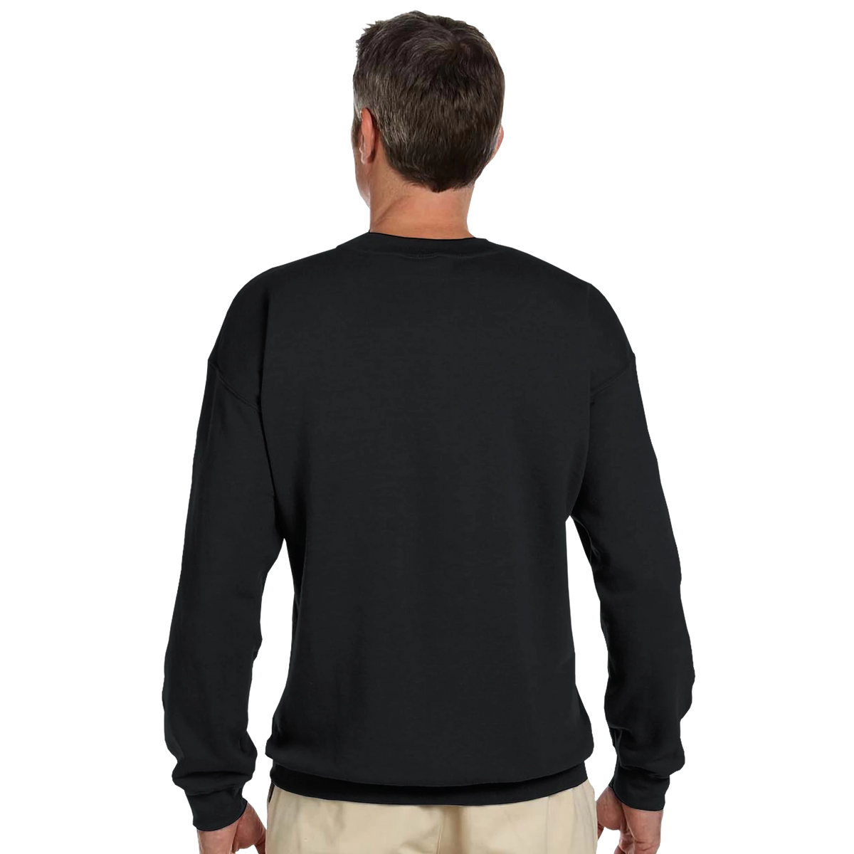 Back view of a man wearing a black retro comic graphic jumper for men with relaxed streetwear fit.