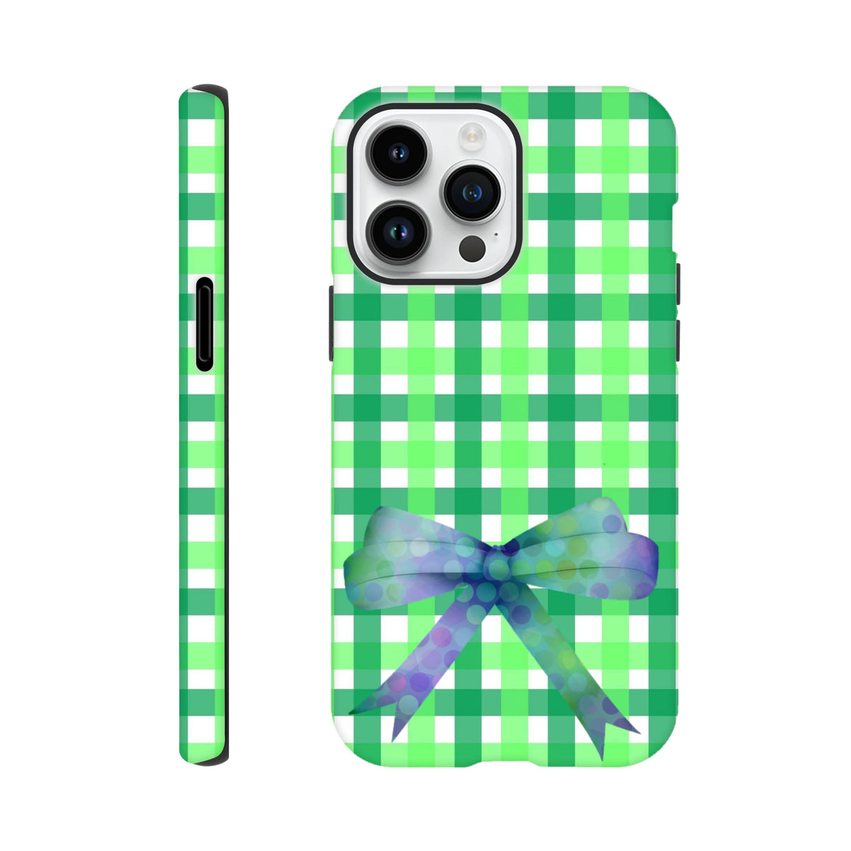 Green gingham iPhone case with a blue polka dot bow print. Coquette tough phone cover for iPhone 13-16.