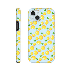 Cute lemon pattern phone case with yellow fruit and green leaves on a light blue background, featuring a tough protective design.