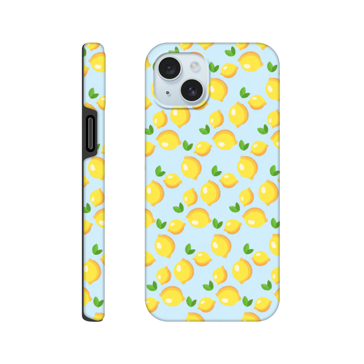 Cute lemon pattern phone case with yellow fruit and green leaves on a light blue background, featuring a tough protective design.