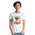 Model wearing white Aloha graphic T-shirt featuring a tropical cocktail illustration.