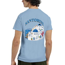 Santorini Greece graphic tee with whitewashed buildings, blue domes, and sea view.