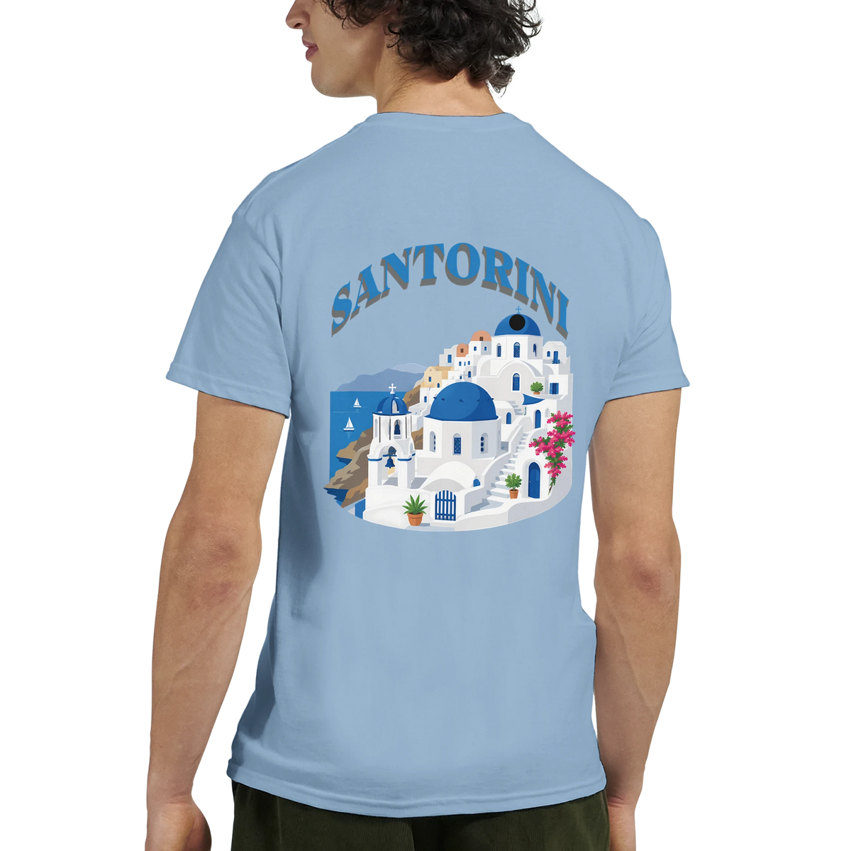 Santorini Greece graphic tee with whitewashed buildings, blue domes, and sea view.