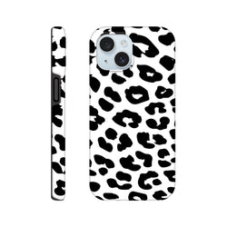 Black and white snow leopard print iPhone case with tough shock-absorbing design and wrap-around animal pattern for daily protection.