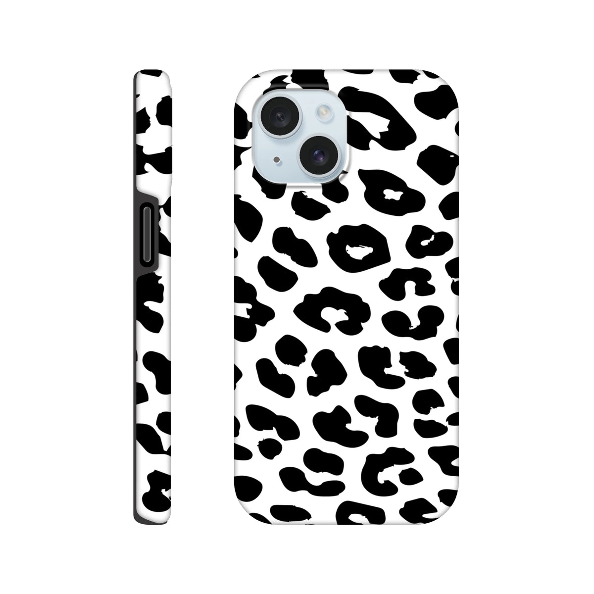 Black and white snow leopard print iPhone case with tough shock-absorbing design and wrap-around animal pattern for daily protection.