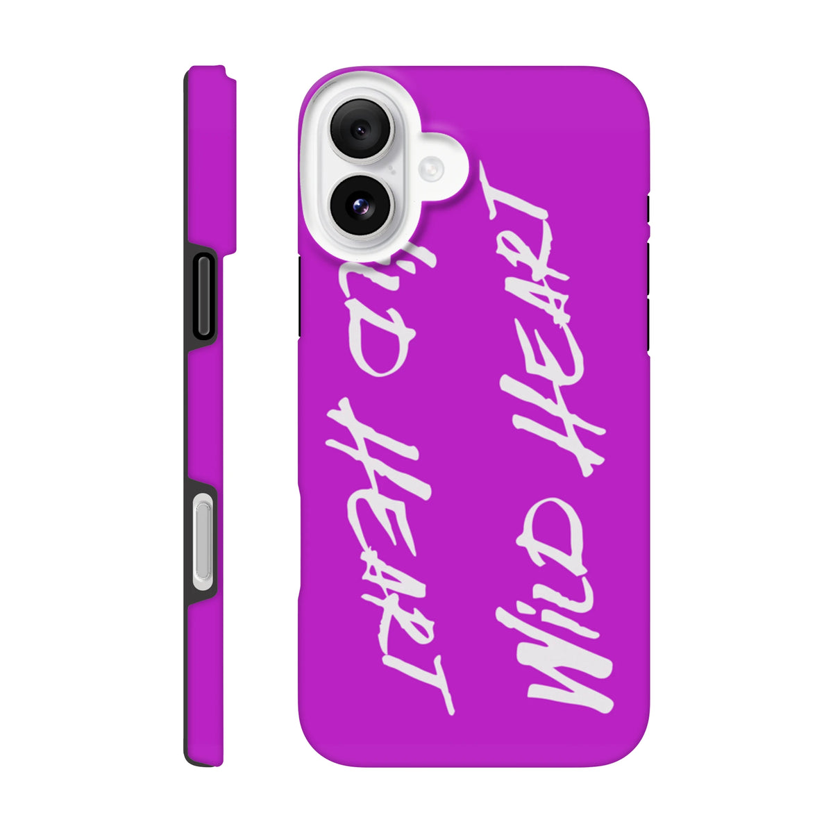 Vivid purple iPhone case featuring vertical white "Wild Heart" slogan text. Tough, shock-absorbing protective cover with urban streetwear aesthetic for iPhone 13-16.