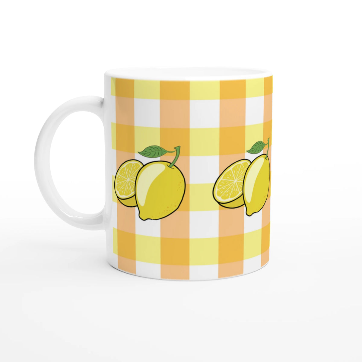 Bright lemon gingham ceramic mug with lemon slices, cottagecore coffee cup.