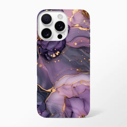 Luxury purple and gold marble abstract iPhone case featuring gold veins and splatters on a swirling violet background.