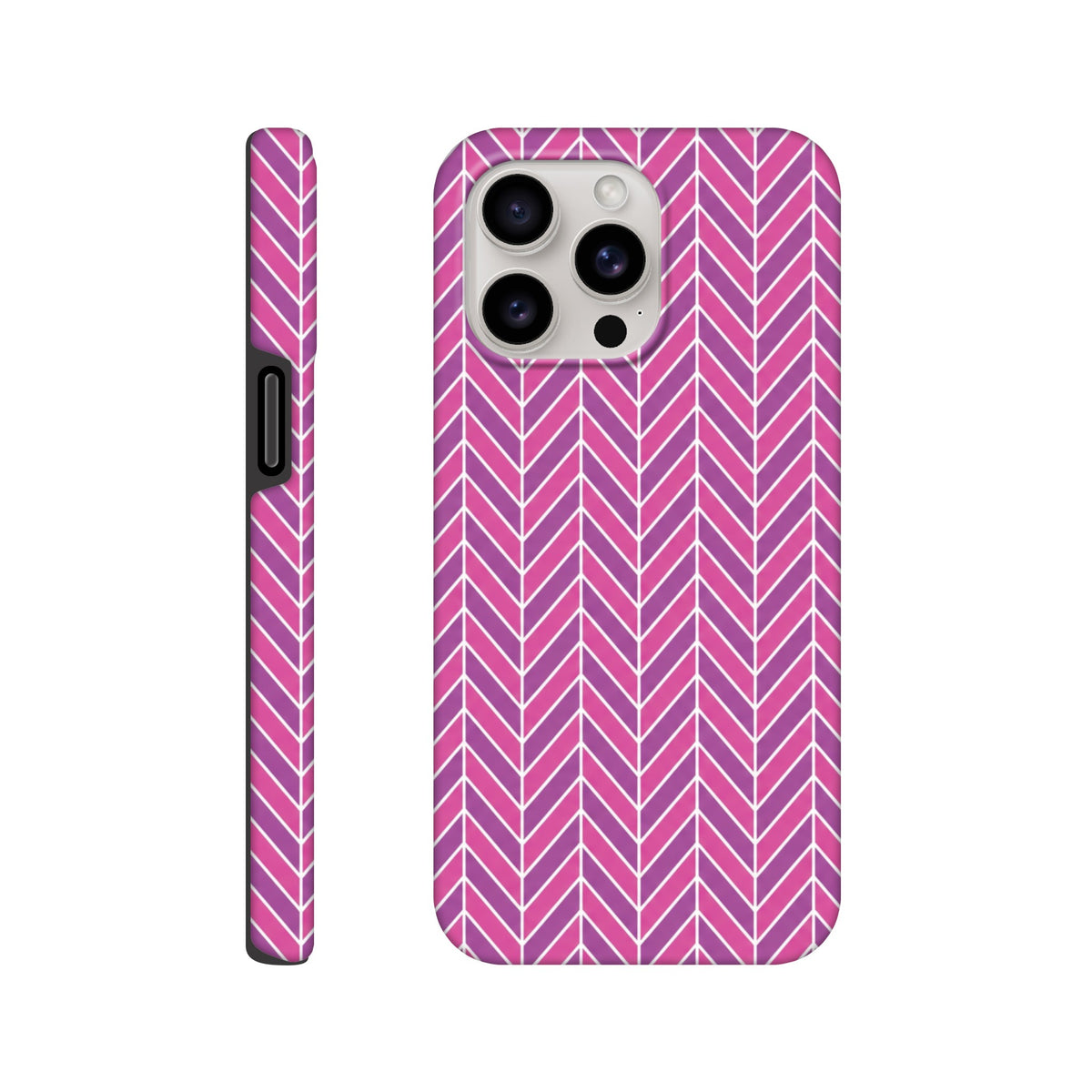 Pink herringbone geometric iPhone case with dual-tone chevron pattern. Tough shock-absorbing TPU phone cover for daily impact resistance.