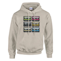 Beige pullover hoodie featuring a grid of six colorful retro cassette tapes with 90s music graphics. Vintage nostalgia fashion.