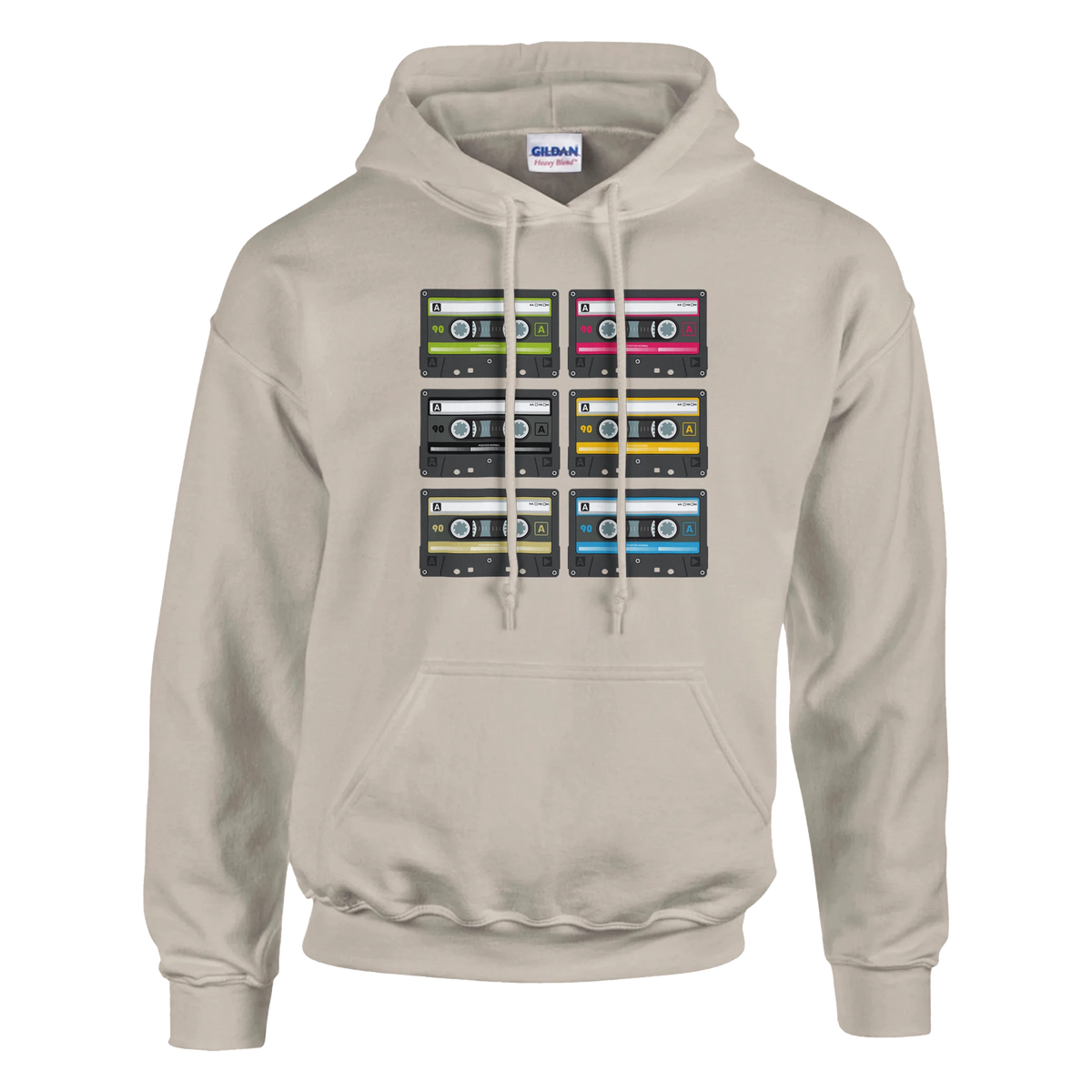 Beige pullover hoodie featuring a grid of six colorful retro cassette tapes with 90s music graphics. Vintage nostalgia fashion.
