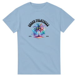 Light blue men's T-shirt featuring a circular palm-tree watercolor graphic with curved Urban Palm Trees text.