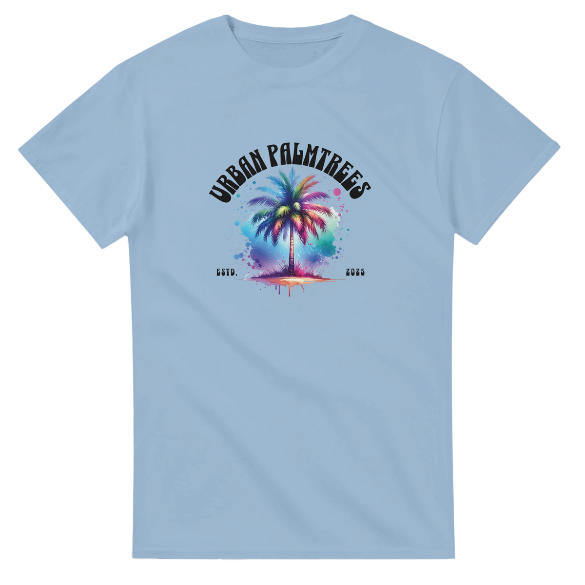 Light blue men's T-shirt featuring a circular palm-tree watercolor graphic with curved Urban Palm Trees text.