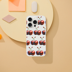 Cherries pattern slim iPhone case for 13–16, translucent white shell with durable, tear-resistant protection.