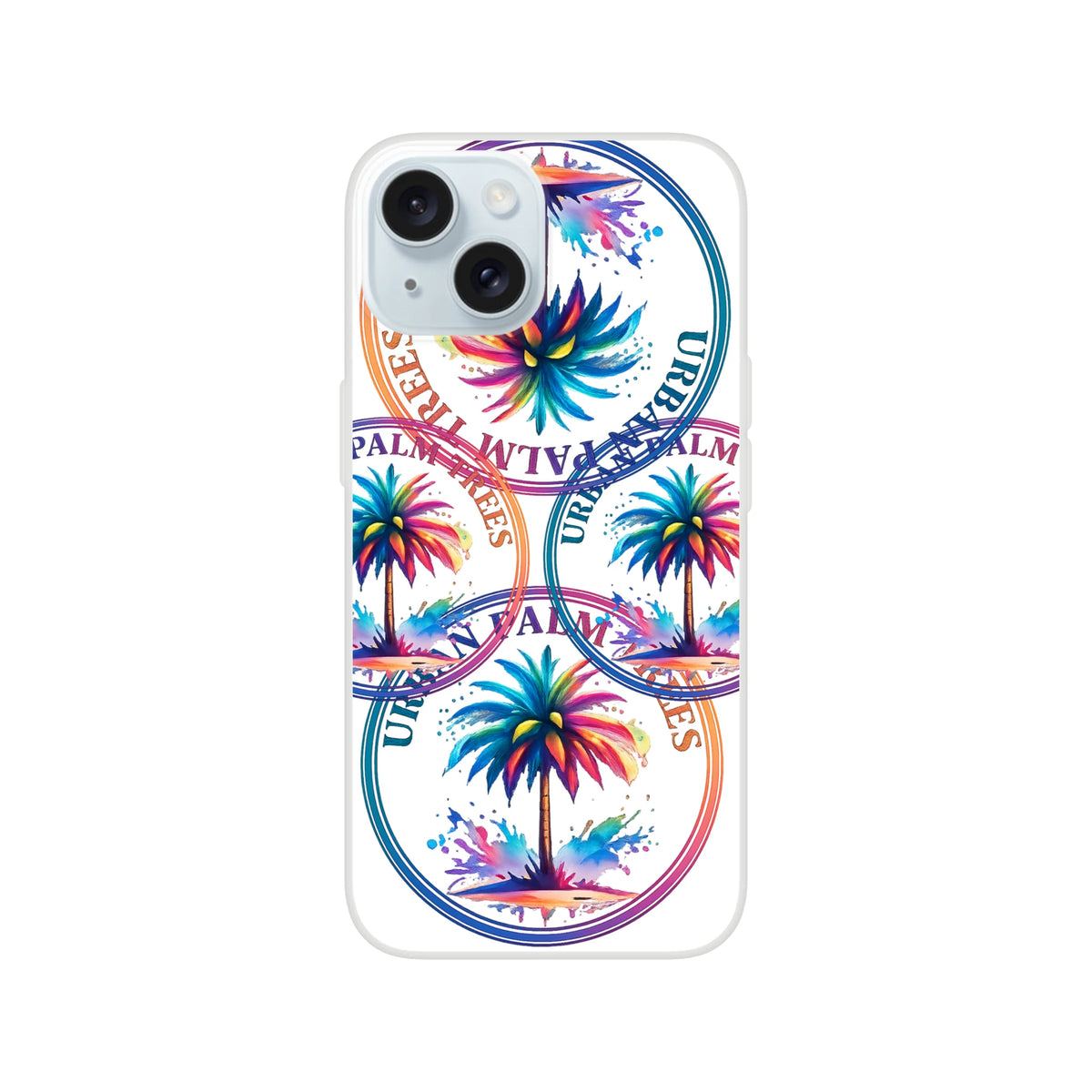 Urban Palm Trees iPhone case (13-16) featuring retro palm artwork, colorful circular stamps, matte finish