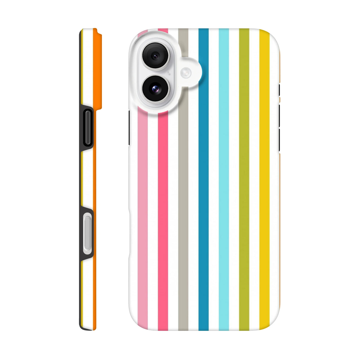 Retro rainbow vertical stripe tough iPhone case for models 13-16 featuring vibrant pink, blue, yellow and grey columns on a white background.