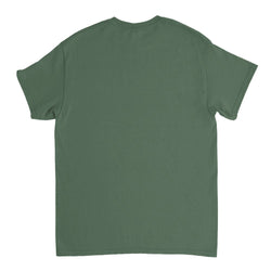 Back view of a grey-green men's short-sleeve crew-neck T-shirt.