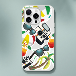Transparent iPhone case with summer sticker collage design featuring palm trees, vintage cameras, sunglasses, and tropical cocktails.