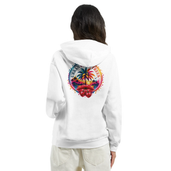 White hoodie back view featuring a retro tropical print with palm trees, red lips, and cherries in a colorful circular design.