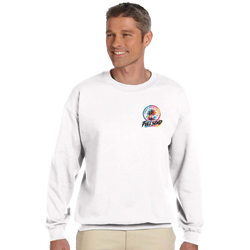 White crewneck sweatshirt featuring a colorful Urban Palm Trees and Full Send graphic, styled as modified car culture streetwear.