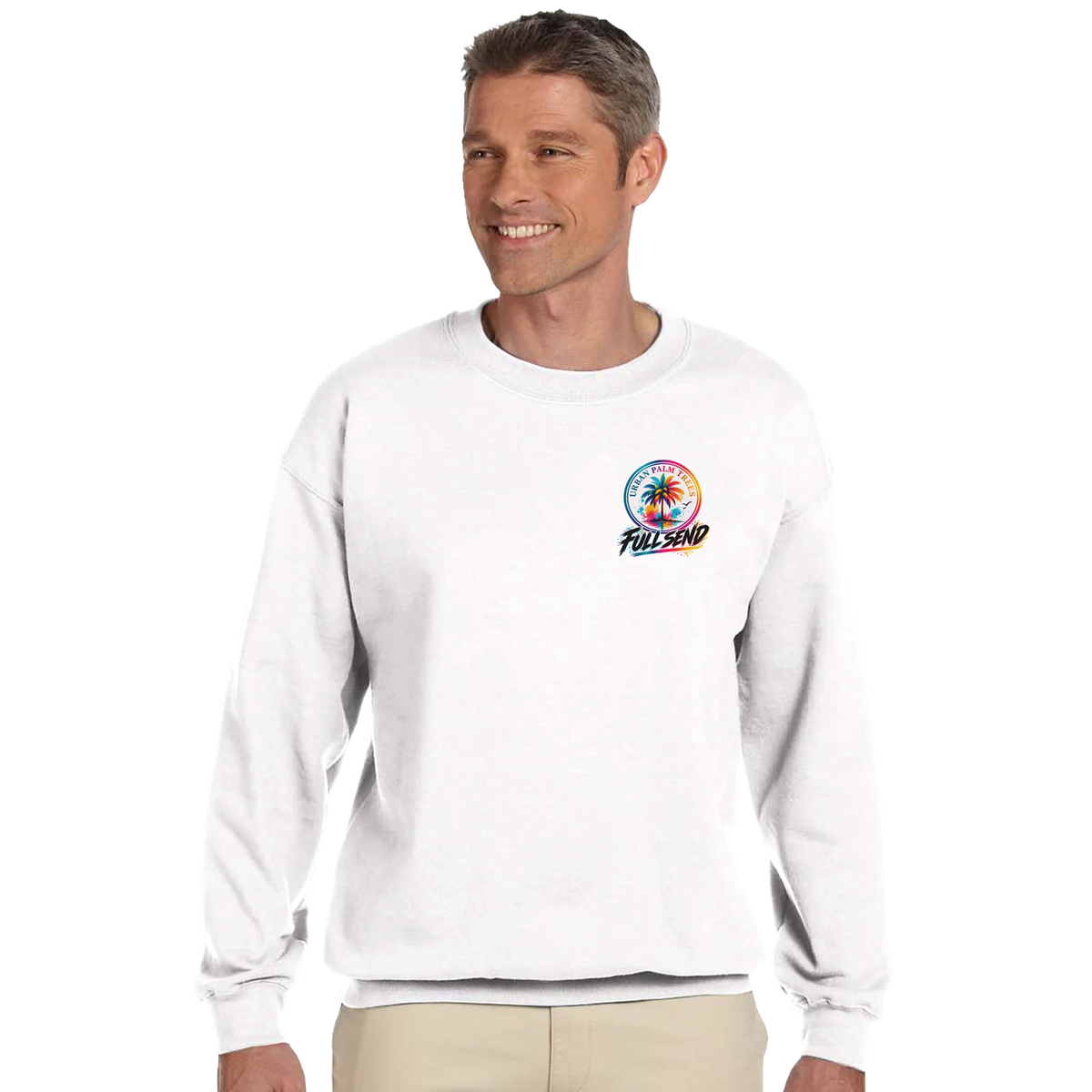 White crewneck sweatshirt featuring a colorful Urban Palm Trees and Full Send graphic, styled as modified car culture streetwear.