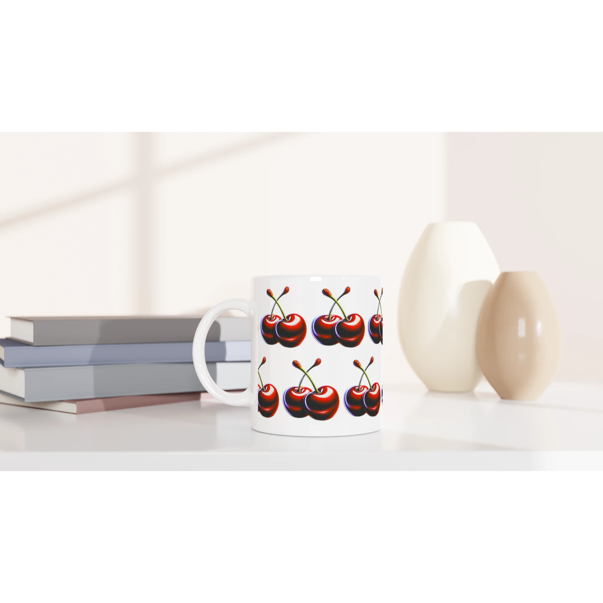 Cherry Mug Gift For Her - white ceramic mug with repeating red cherry print on a desk
