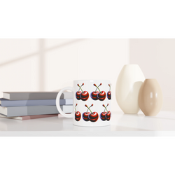Cherry Mug Gift For Her - white ceramic mug with repeating red cherry print on a desk