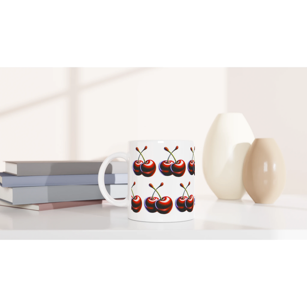 Cherry Mug Gift For Her - white ceramic mug with repeating red cherry print on a desk