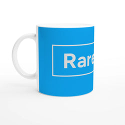 Blue ceramic mug with white handle displaying bold white Rare text, part of the Cute Rare Find Mug.