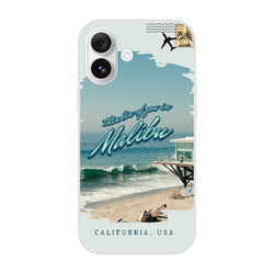 Vintage postcard Malibu Holiday iPhone case for iPhone 13–16 featuring seaside scene, palm trees and Malibu script.