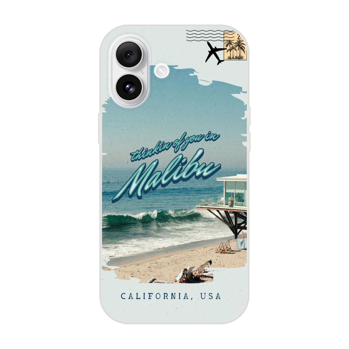 Vintage postcard Malibu Holiday iPhone case for iPhone 13–16 featuring seaside scene, palm trees and Malibu script.
