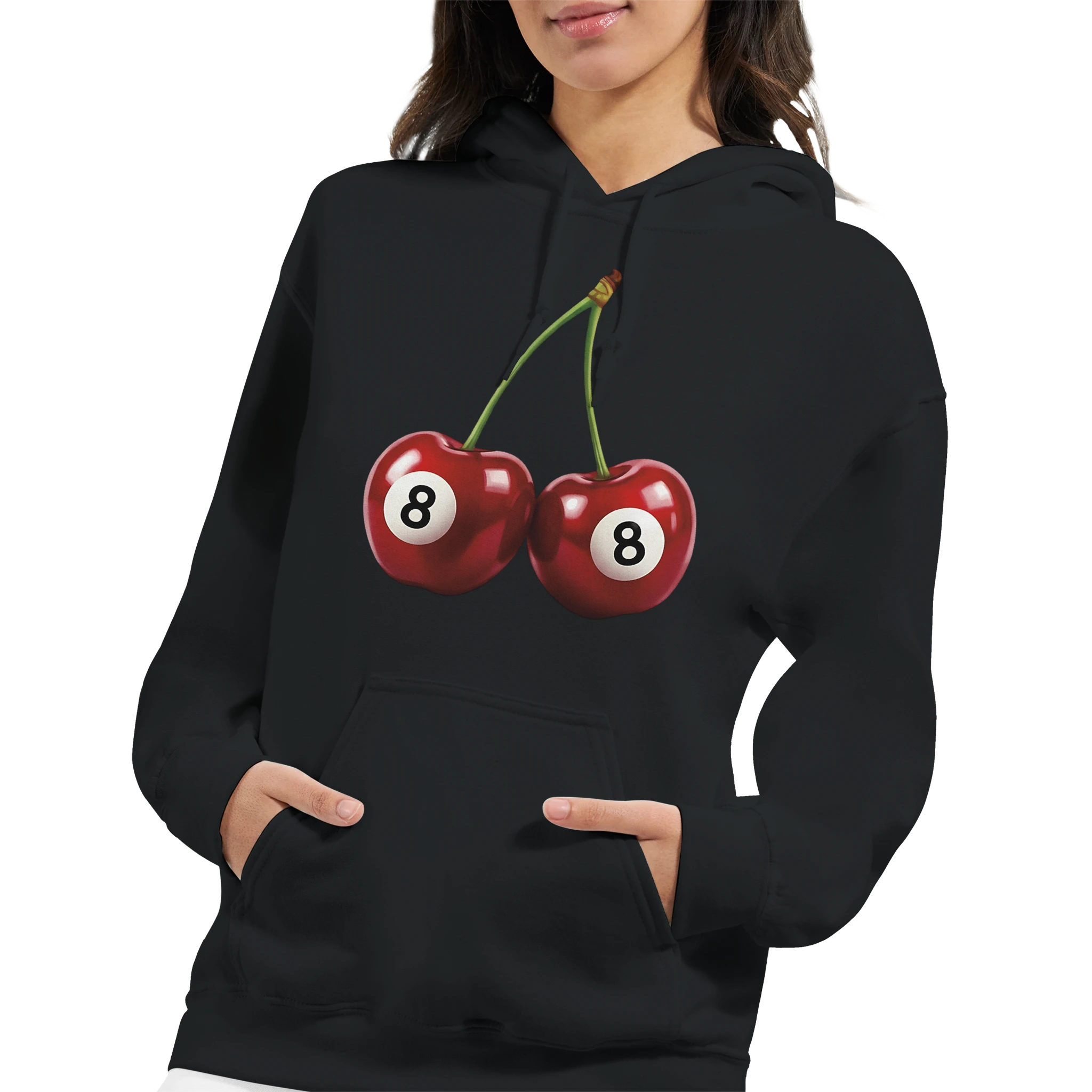 Lucky Cherries Jumper Women's Hoodie: black cotton-blend fleece with two red cherries and 8-ball graphic.