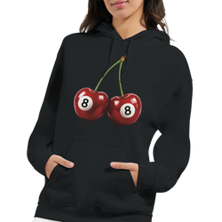 Lucky Cherries Jumper Women's Hoodie: black cotton-blend fleece with two red cherries and 8-ball graphic.