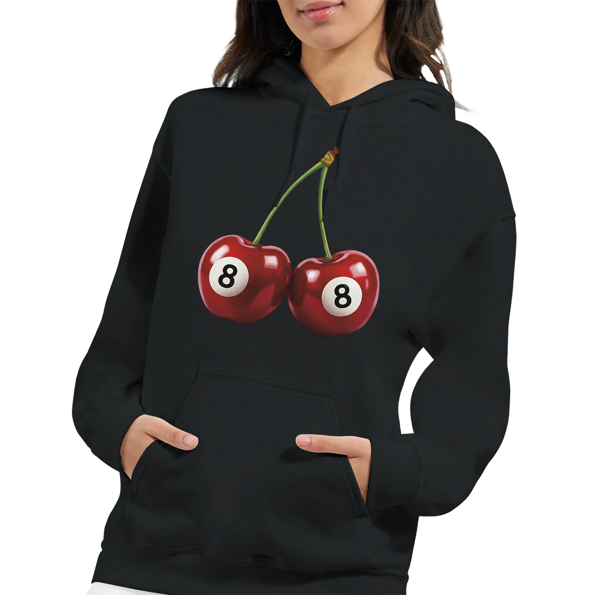 Lucky Cherries Jumper Women's Hoodie: black cotton-blend fleece with two red cherries and 8-ball graphic.