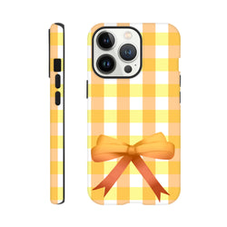 Yellow gingham iPhone case featuring a 3D orange bow and vintage check pattern for tough protection and coquette style.